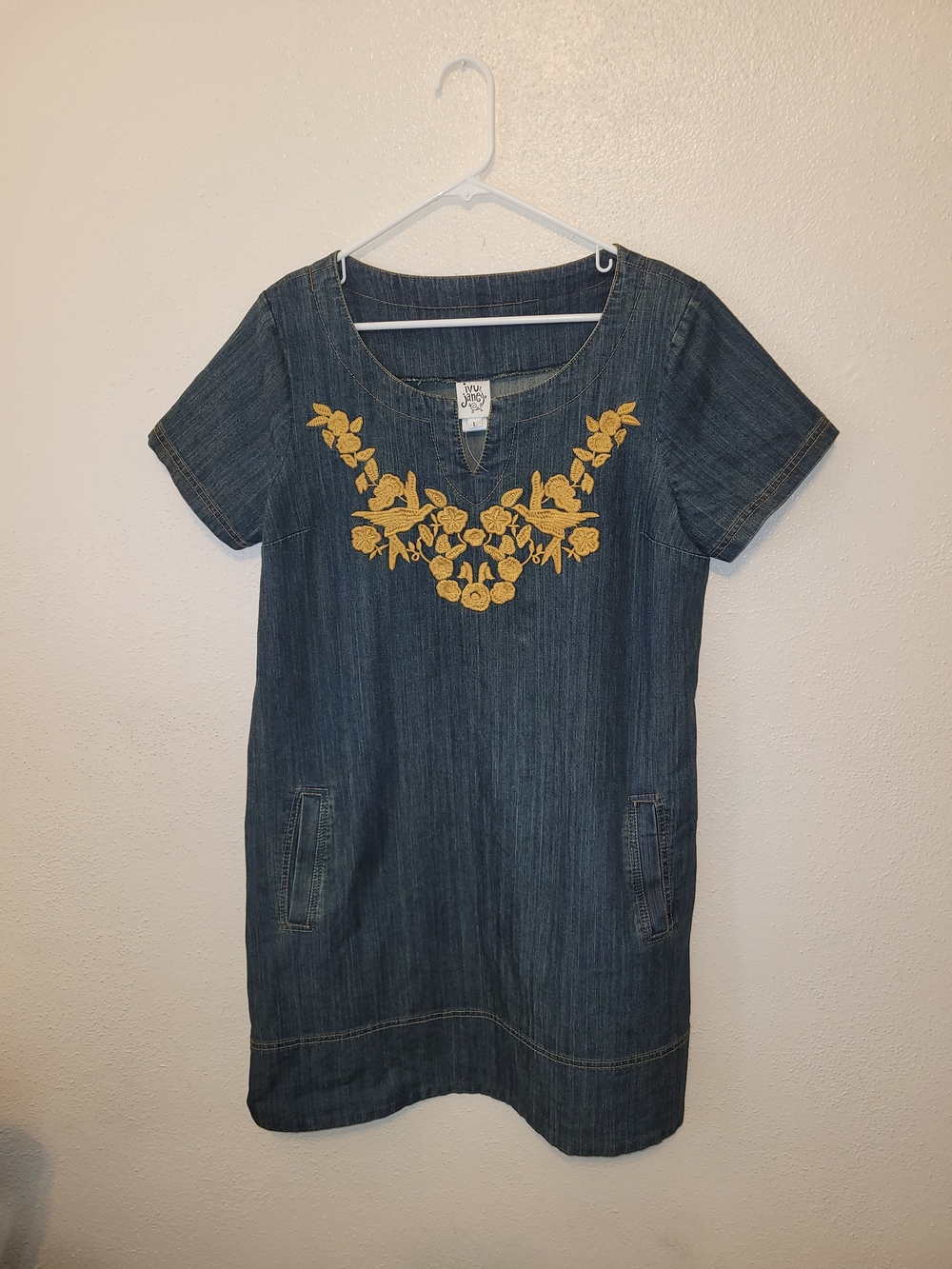 Ivy Jane Denim Short Sleeve Tunic Dress with Yellow Floral Embroidery Large